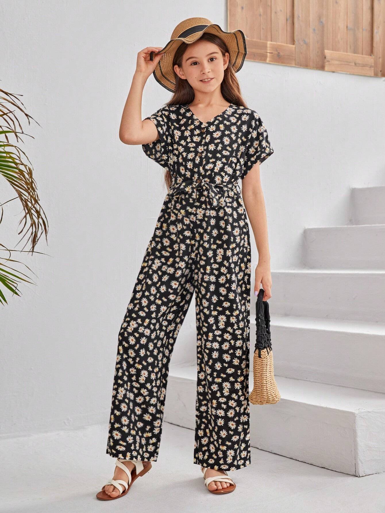 Girls Black Floral Romper Set