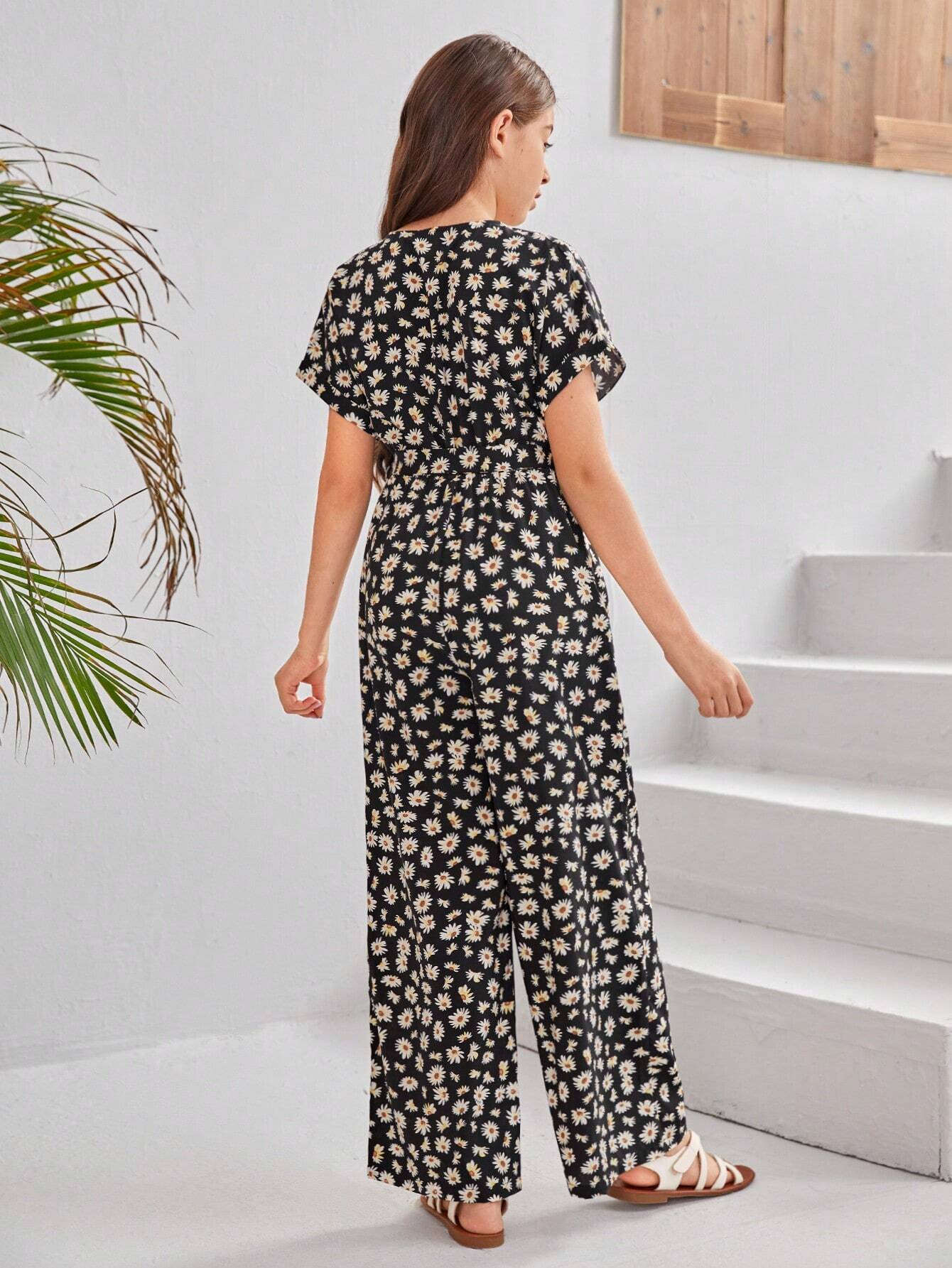 Girls Black Floral Romper Set