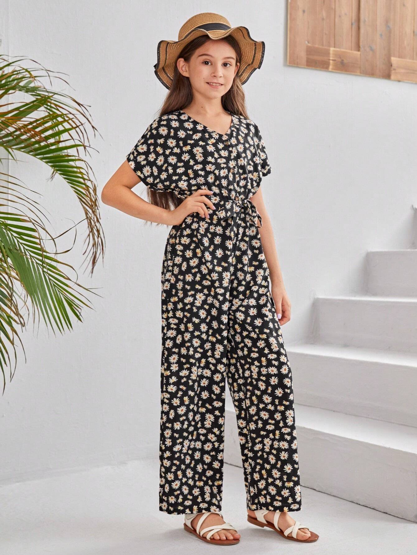 Girls Black Floral Romper Set