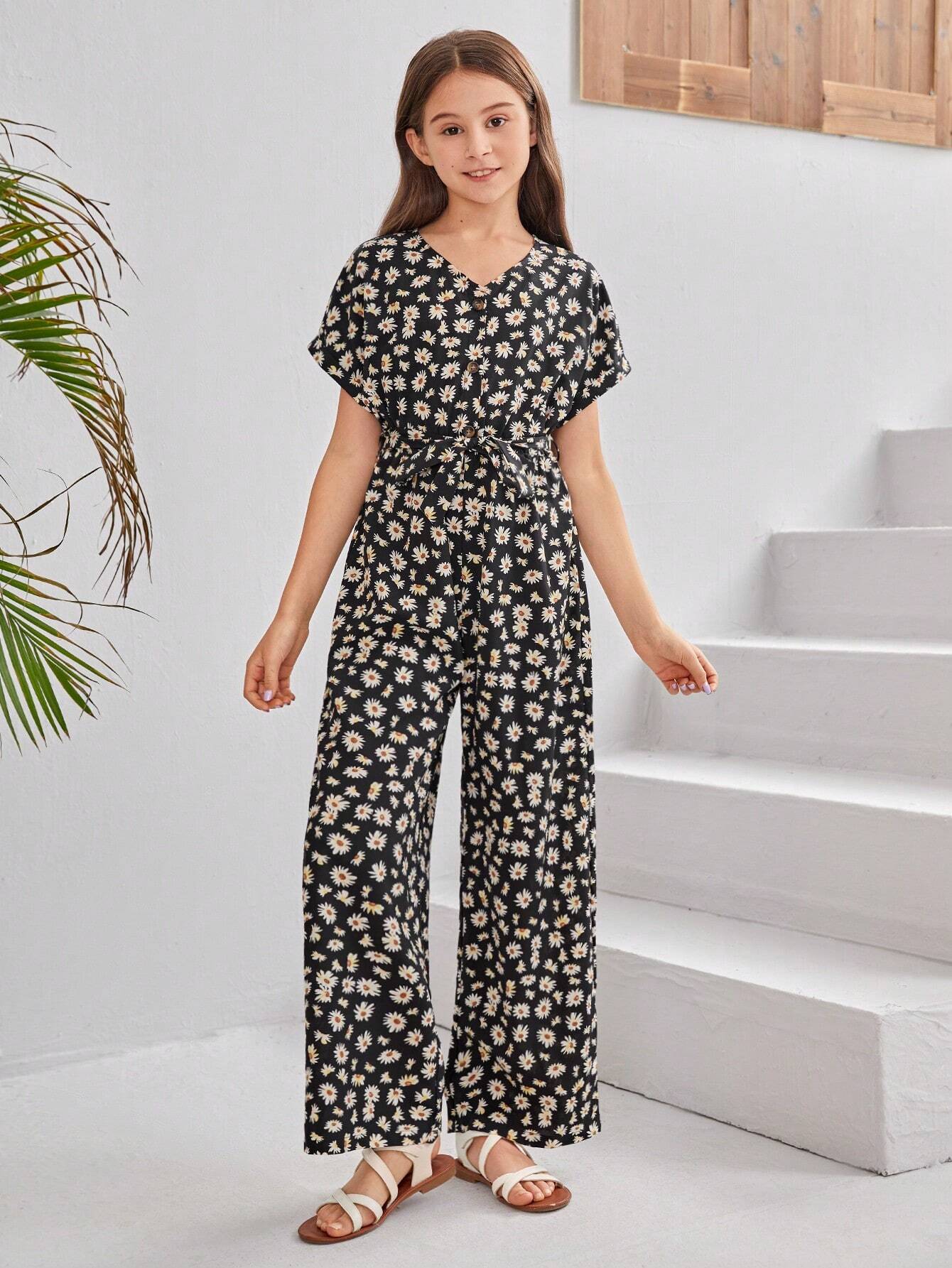 Girls Black Floral Romper Set
