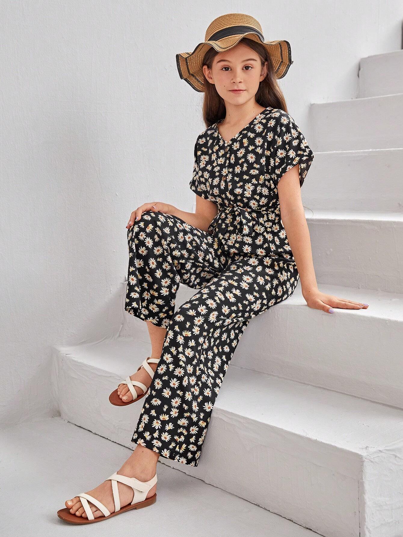 Girls Black Floral Romper Set