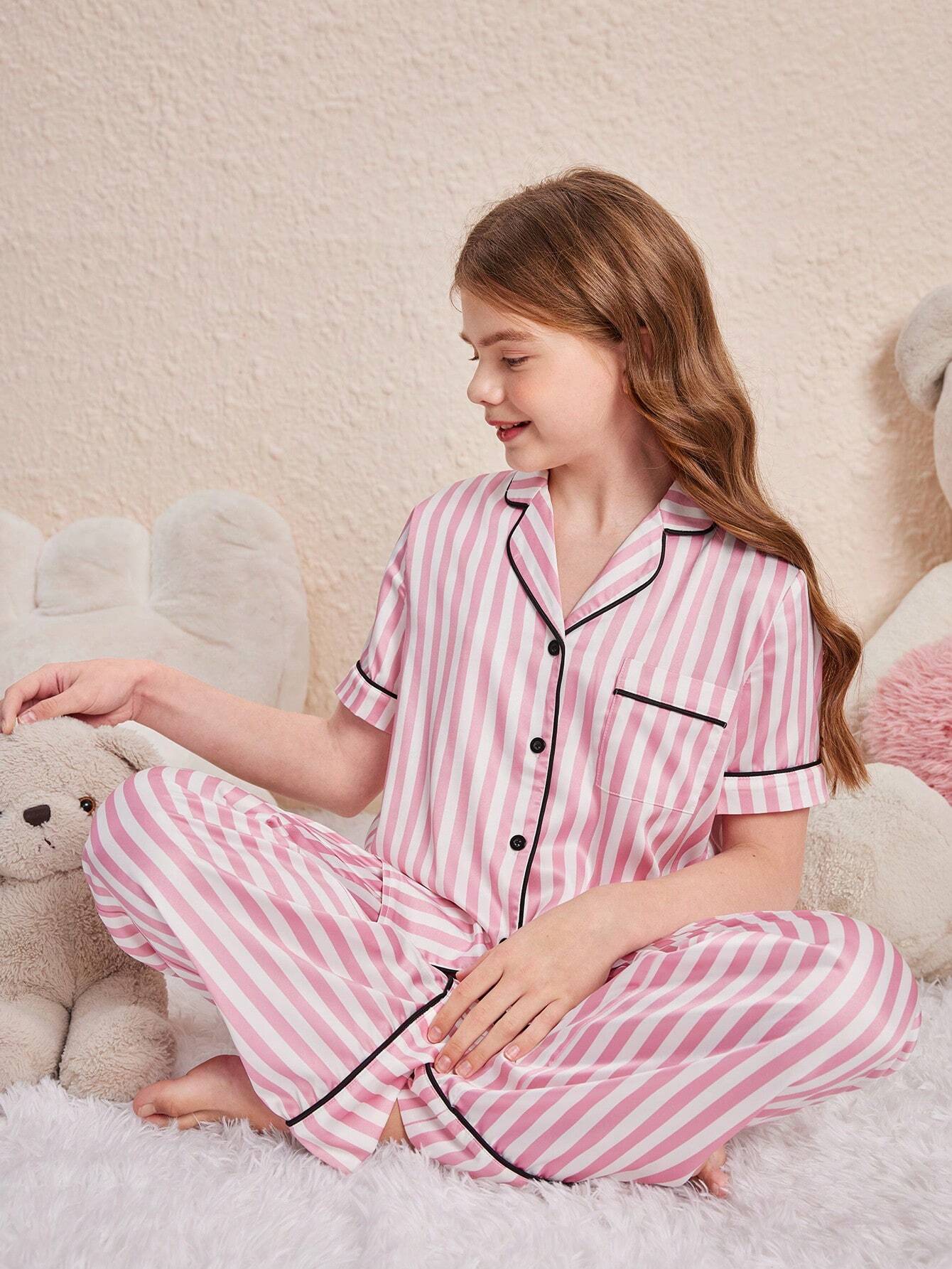 Pink Line Printed Kids Unisex Nightsuit Set