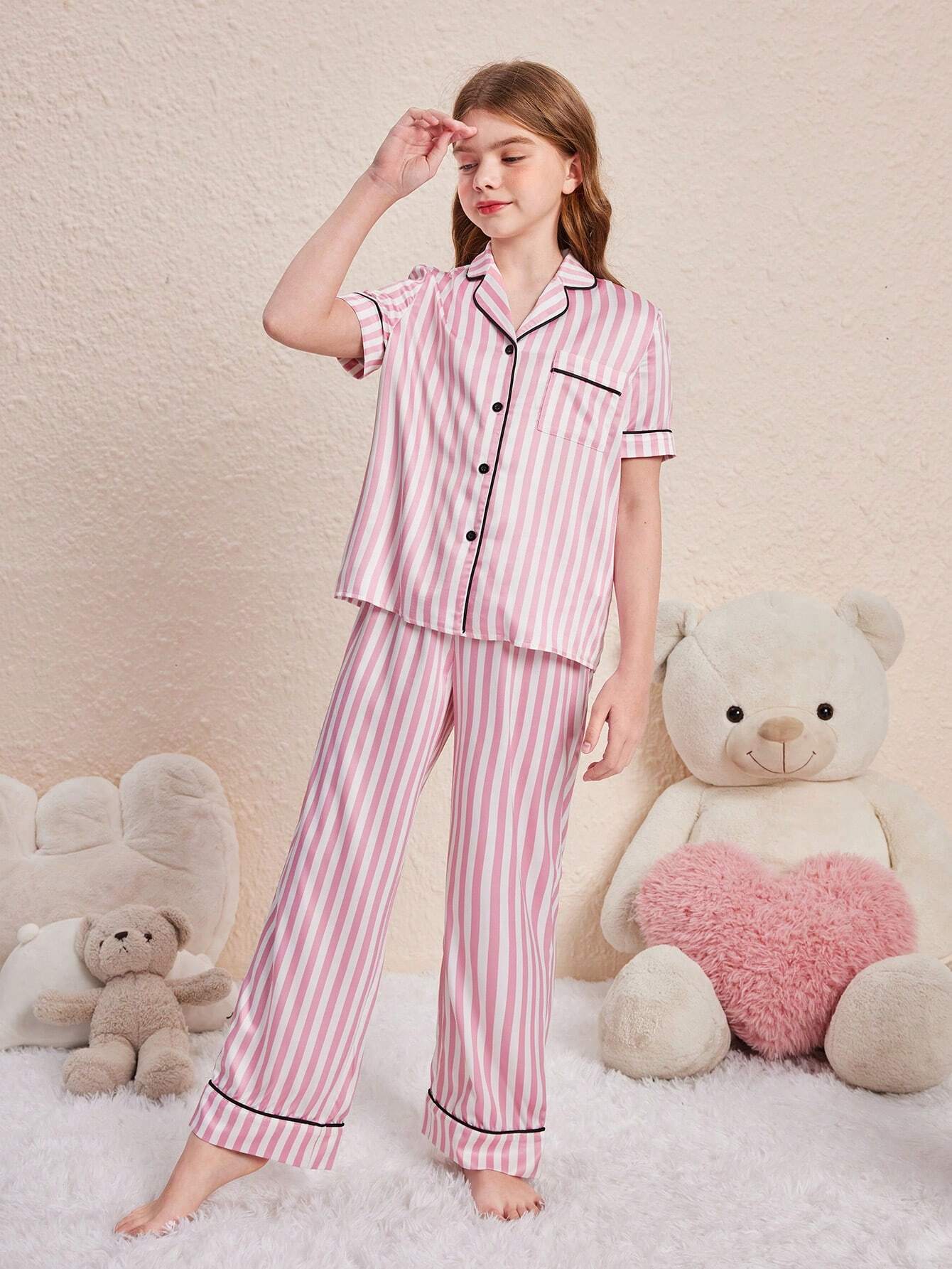 Pink Line Printed Kids Unisex Nightsuit Set
