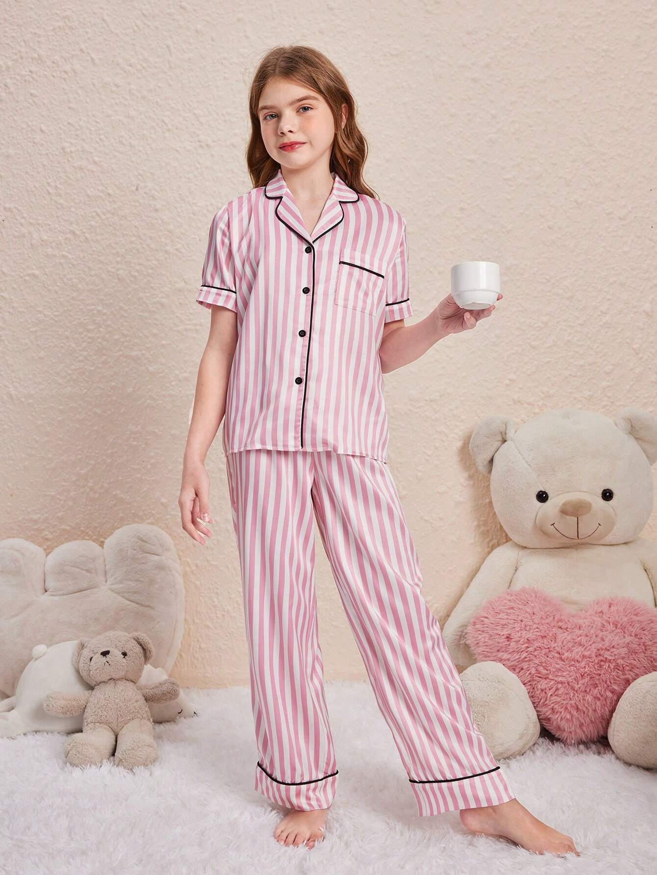 Pink Line Printed Kids Unisex Nightsuit Set