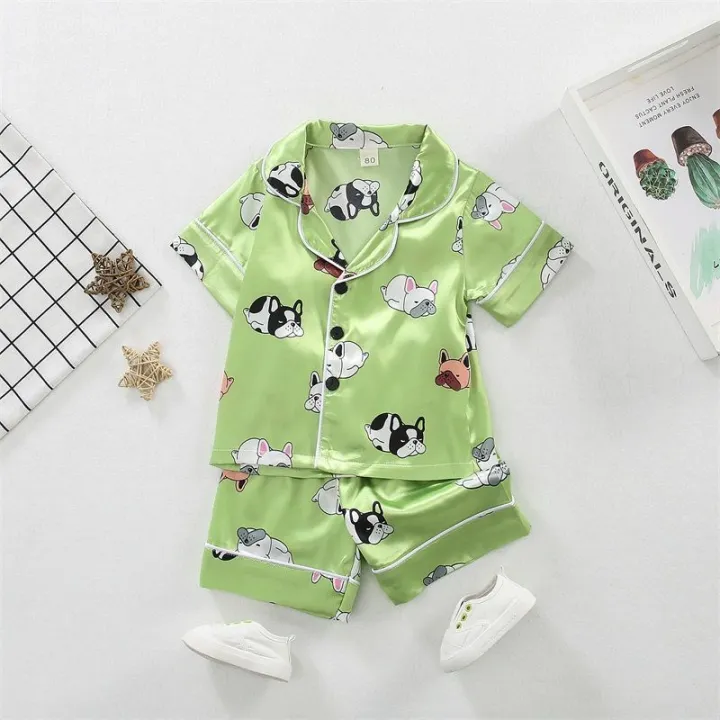 Green Puppy Printed Unisex Kids Nightsuit Set