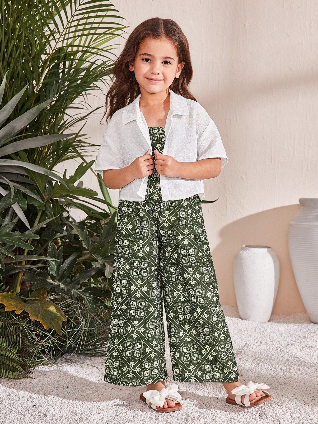Girls White and Green Printed Clothing Set