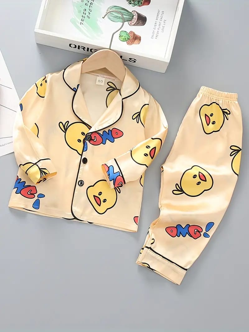 Yellow Duck Printed Unisex Nightsuit Set For Kids