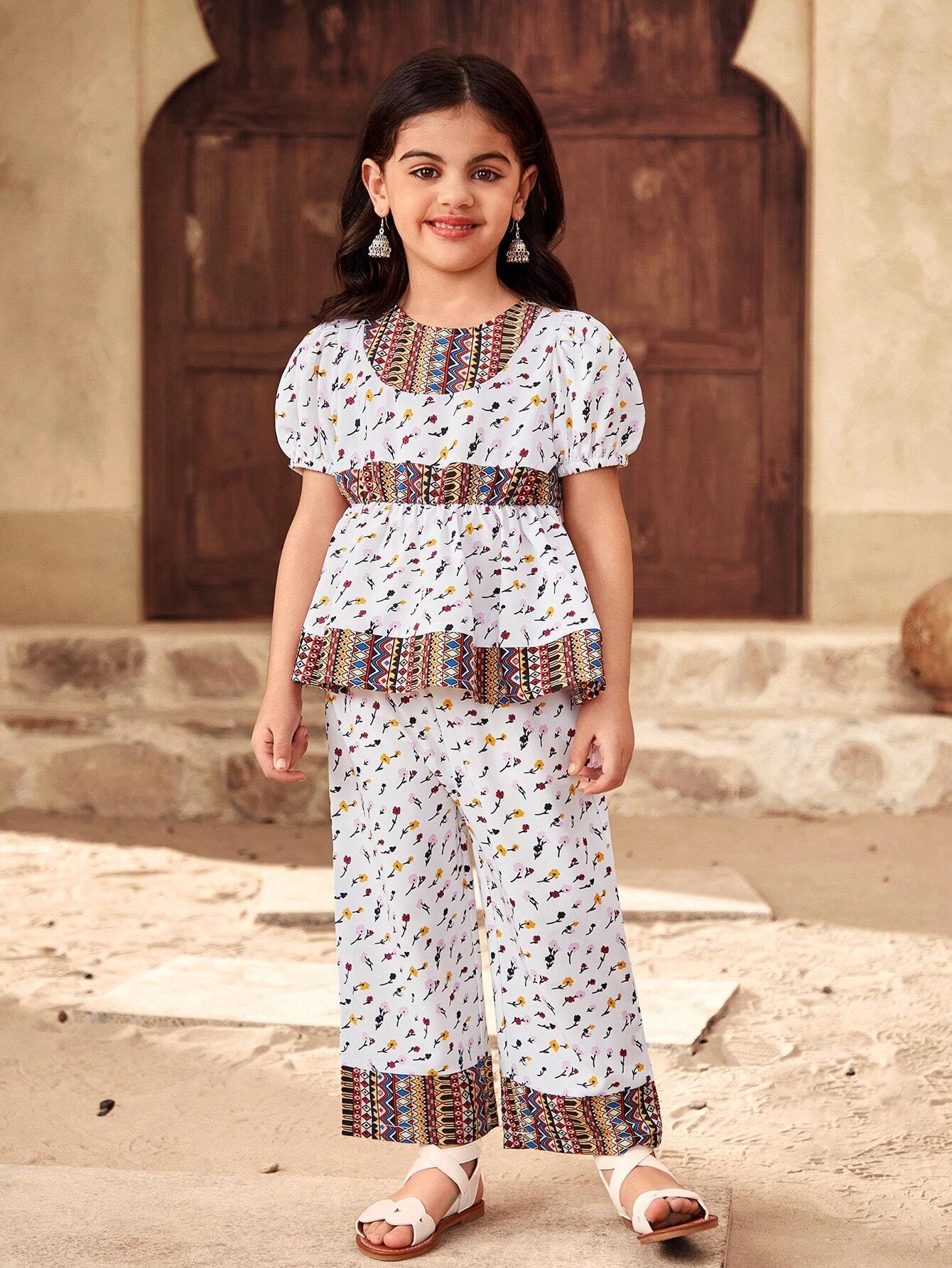 Girls White Printed Clothing Set