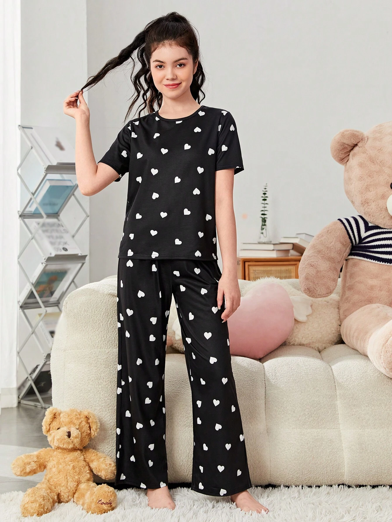Black Heart Printed Girls Co-ords Set