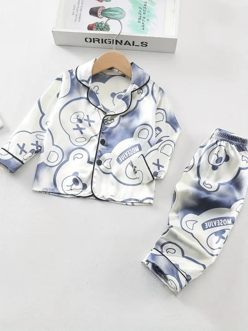 White Teddy Printed Unisex Nightsuit Set For Kids