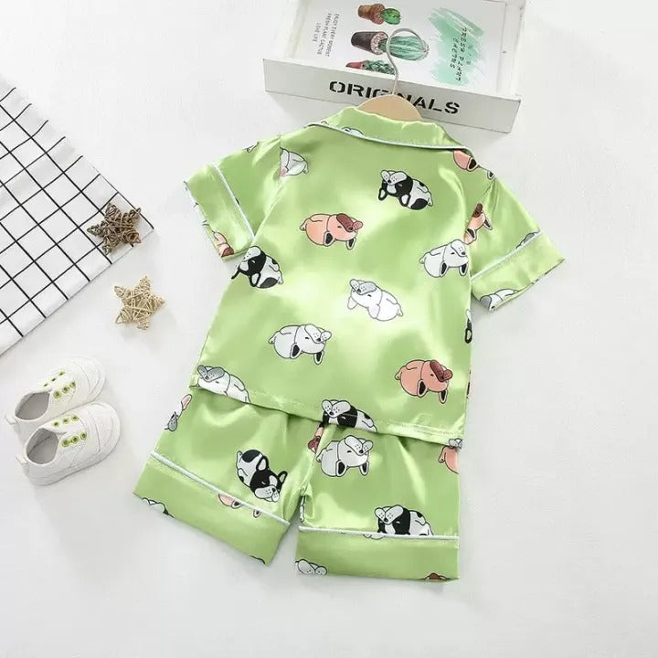 Green Puppy Printed Unisex Kids Nightsuit Set