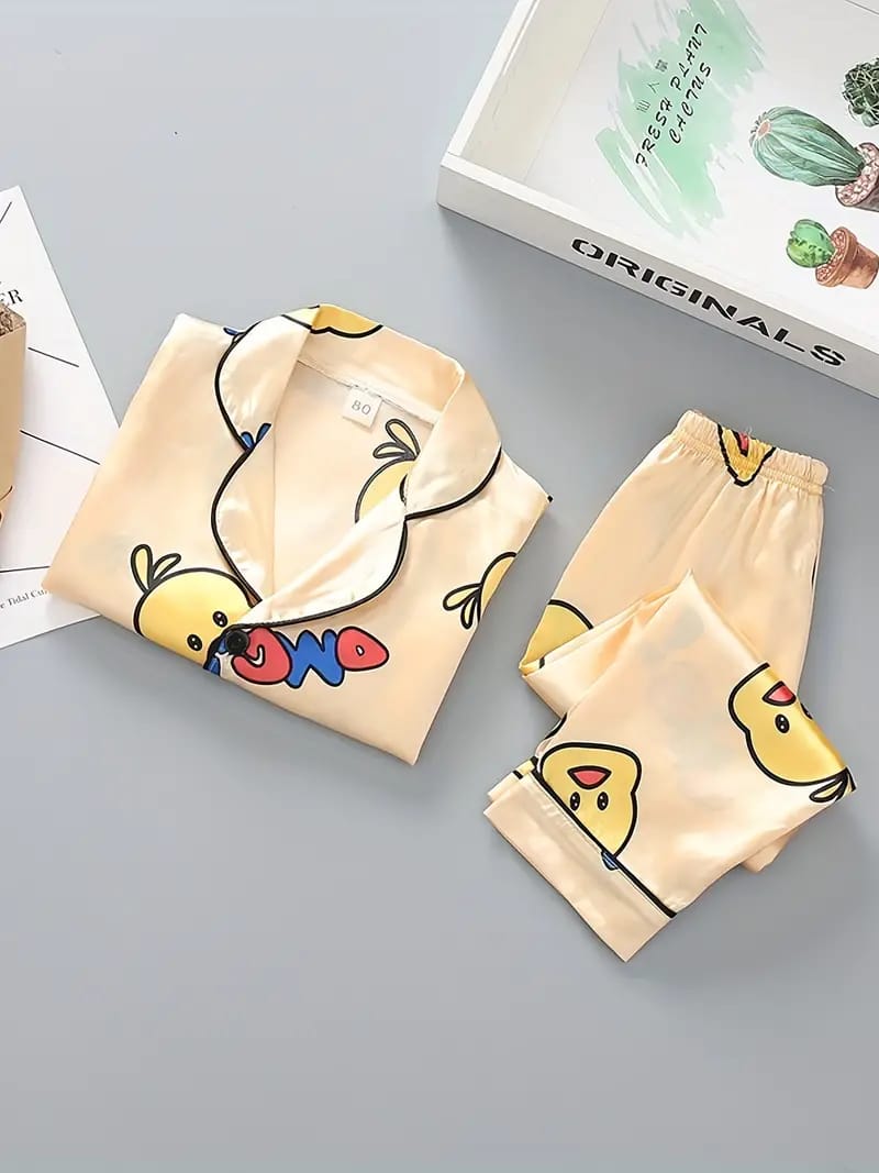Yellow Duck Printed Unisex Nightsuit Set For Kids