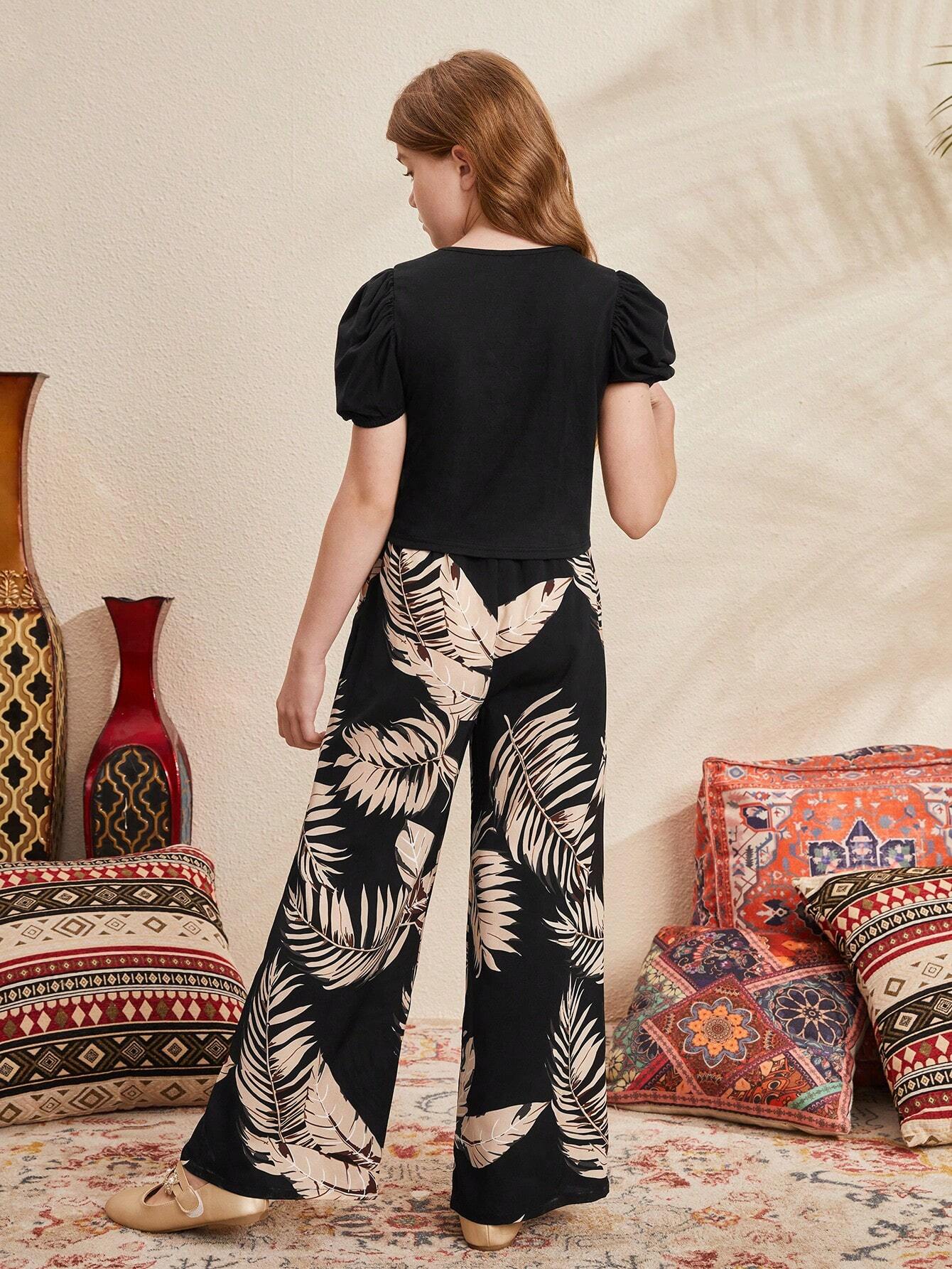 Girls Black Floral Printed Clothing Set