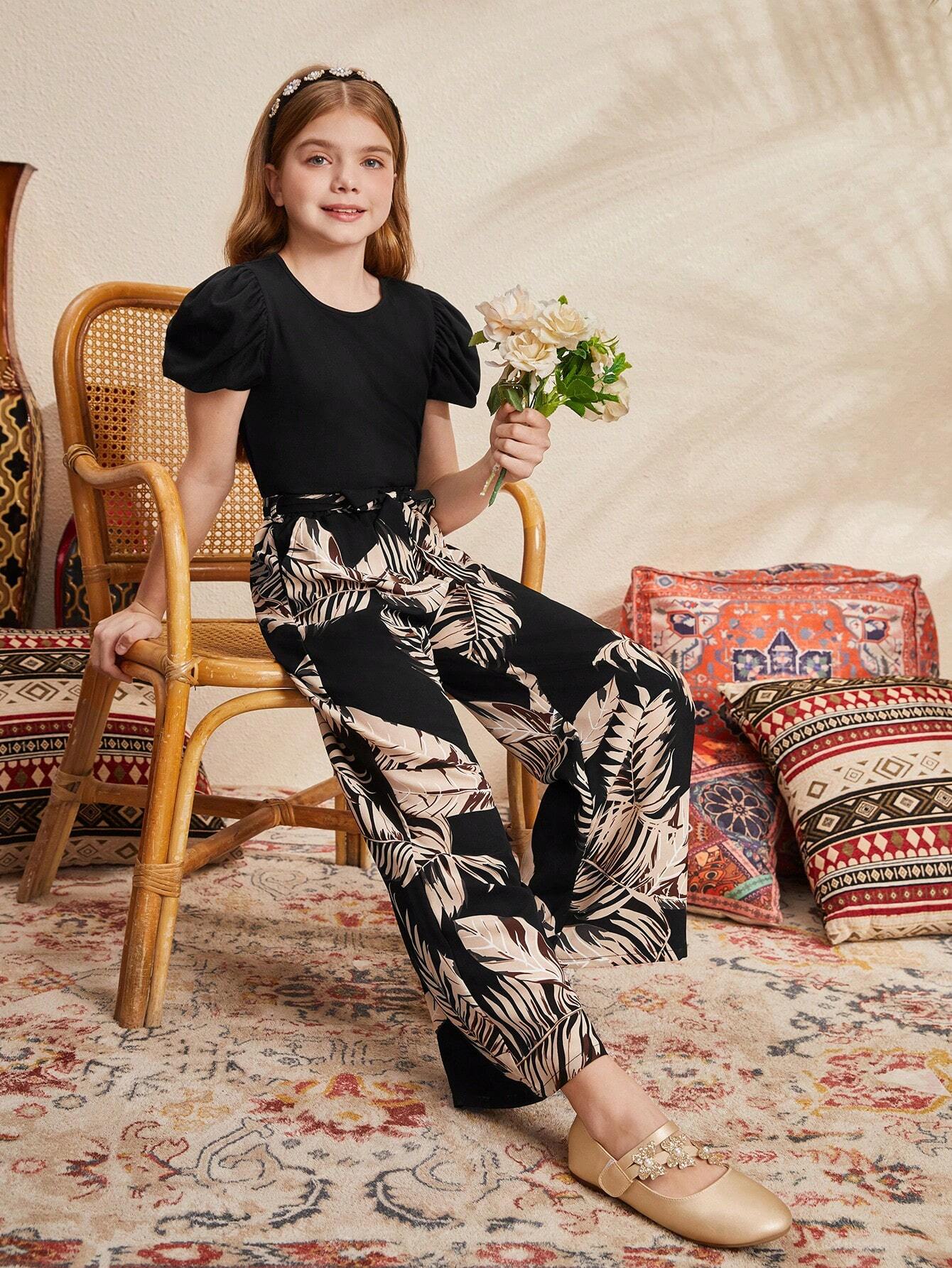 Girls Black Floral Printed Clothing Set