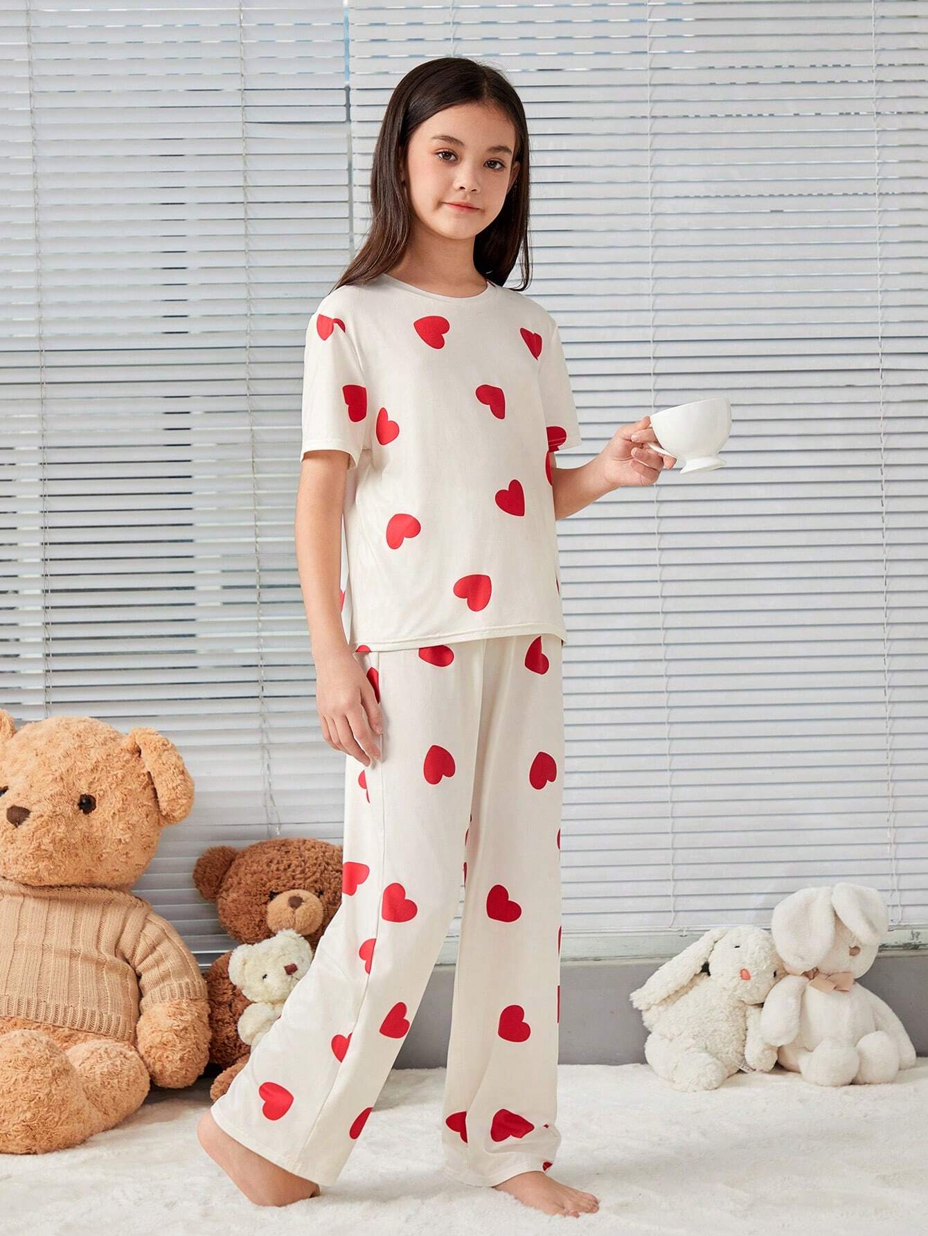 White Heart Printed Girls Co-ords Set