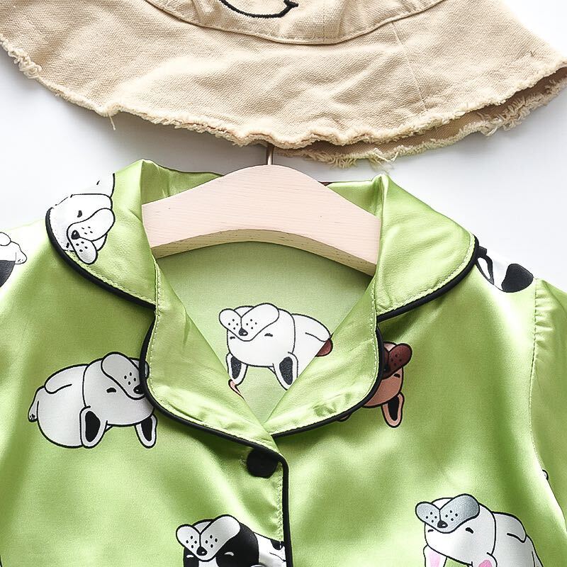 Green Puppy Printed Unisex Kids Nightsuit Set
