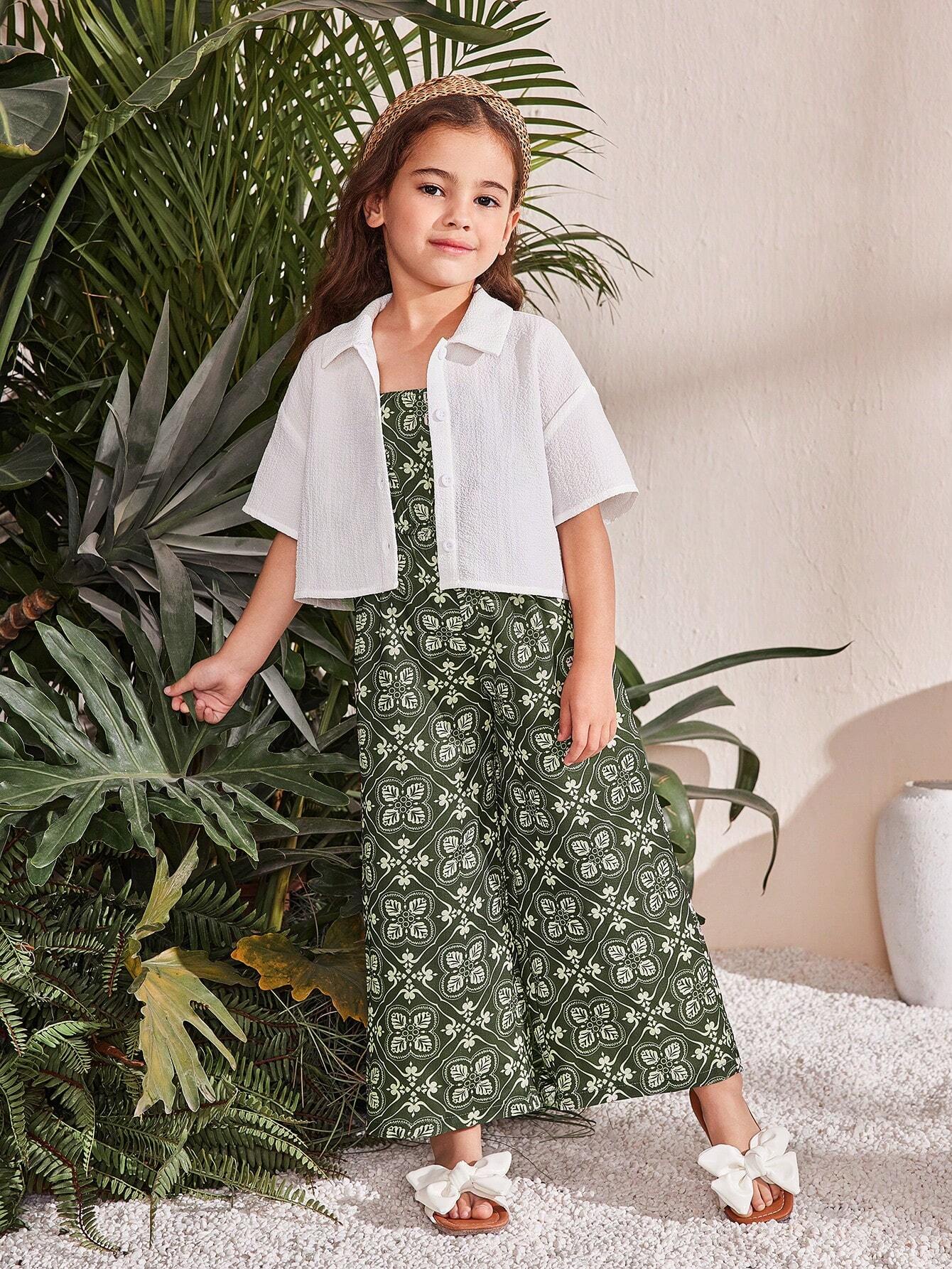 Girls White and Green Printed Clothing Set