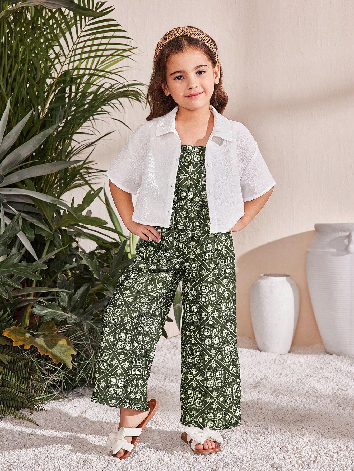 Girls White and Green Printed Clothing Set
