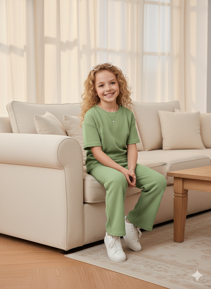 Girls T-shirt and Wide legs Pants Co-ords Set ( Green )