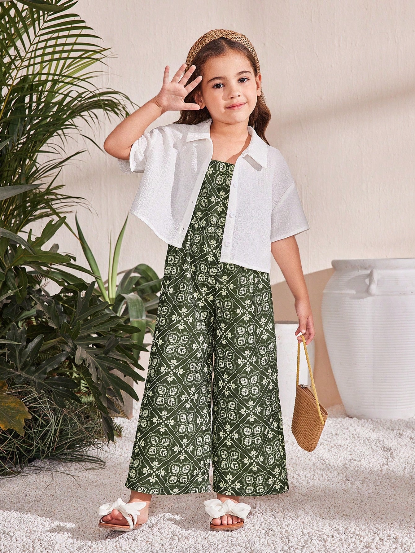 Girls White and Green Printed Clothing Set