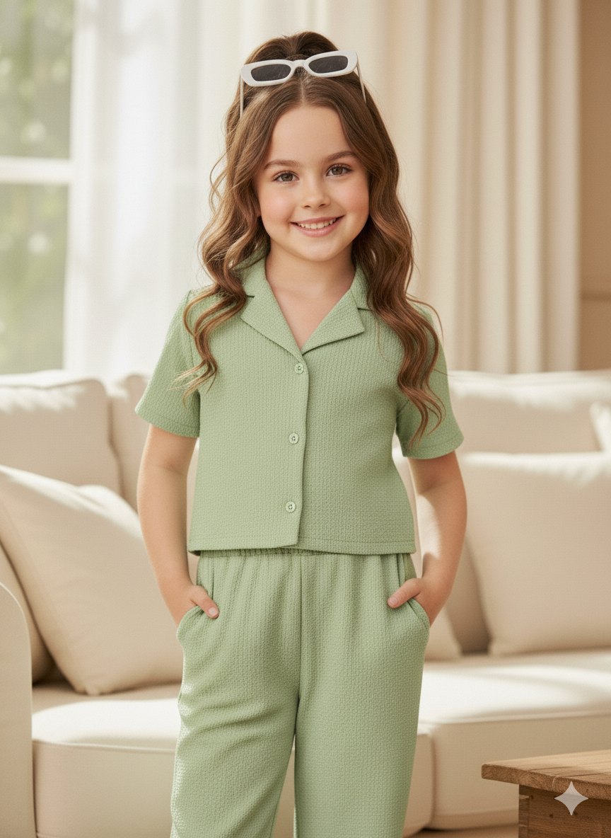 Girls Jacket and Wide legs Pants Co-ords Set ( Green )