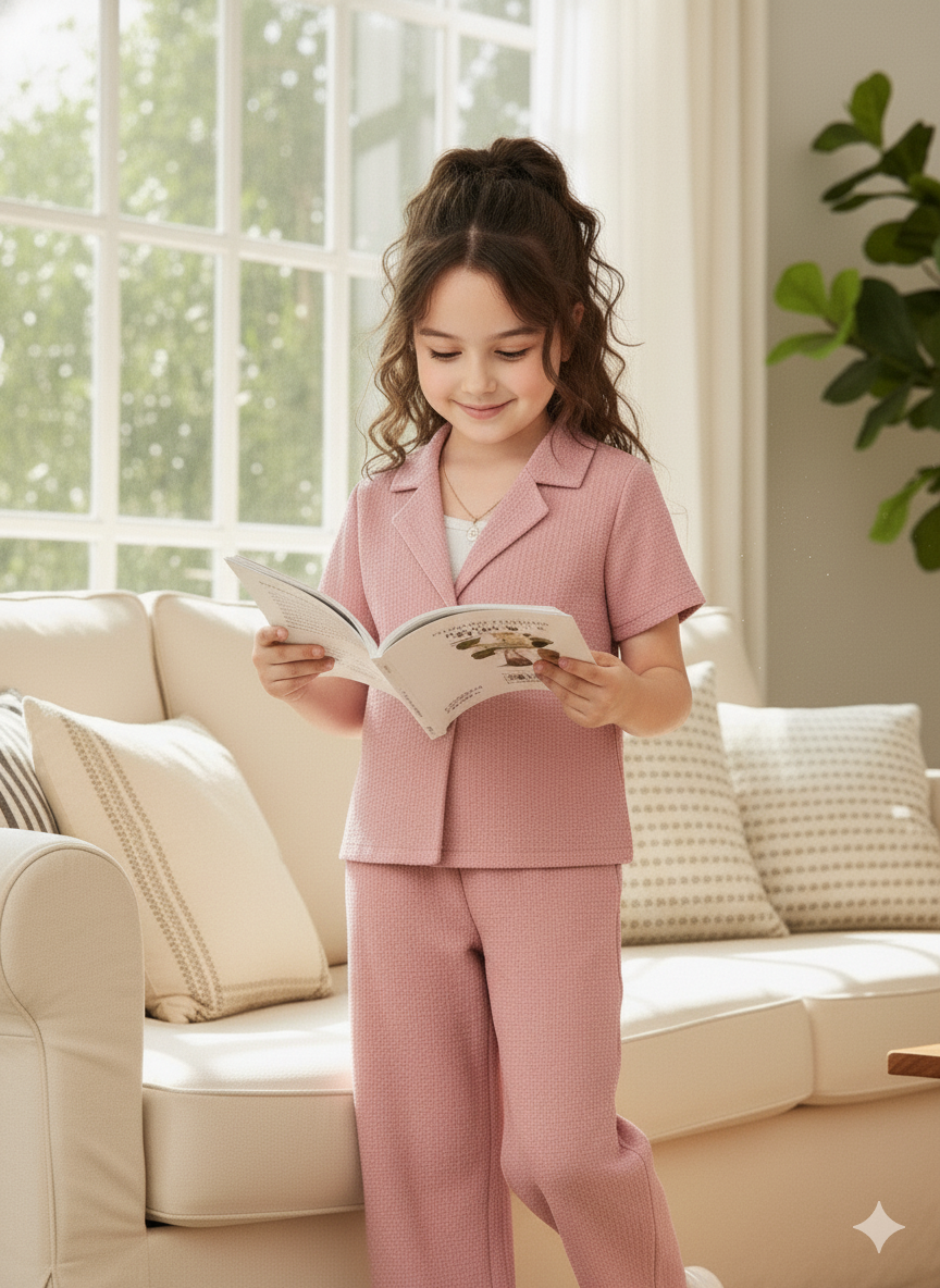 Girls Jacket and Wide legs Pants Co-ords Set ( Pink )