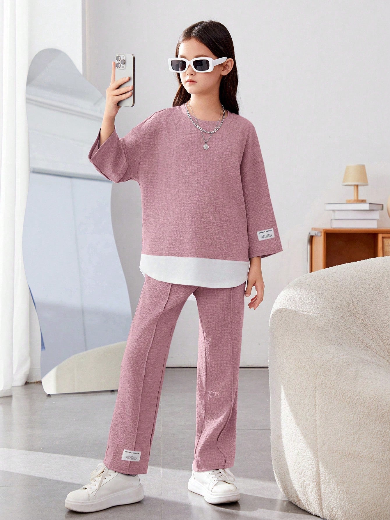 Girls Modern Oversized and Pant Set ( Pink )