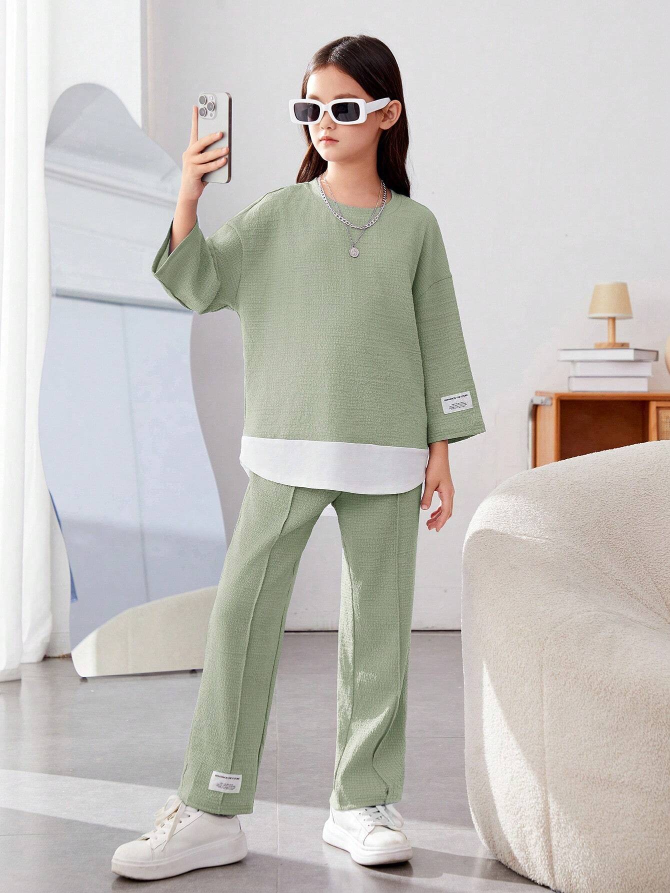 Girls Modern Oversized and Pant Set ( Green )
