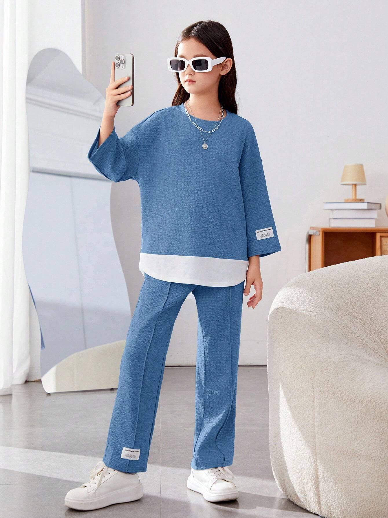 Girls Modern Oversized and Pant Set ( Blue )