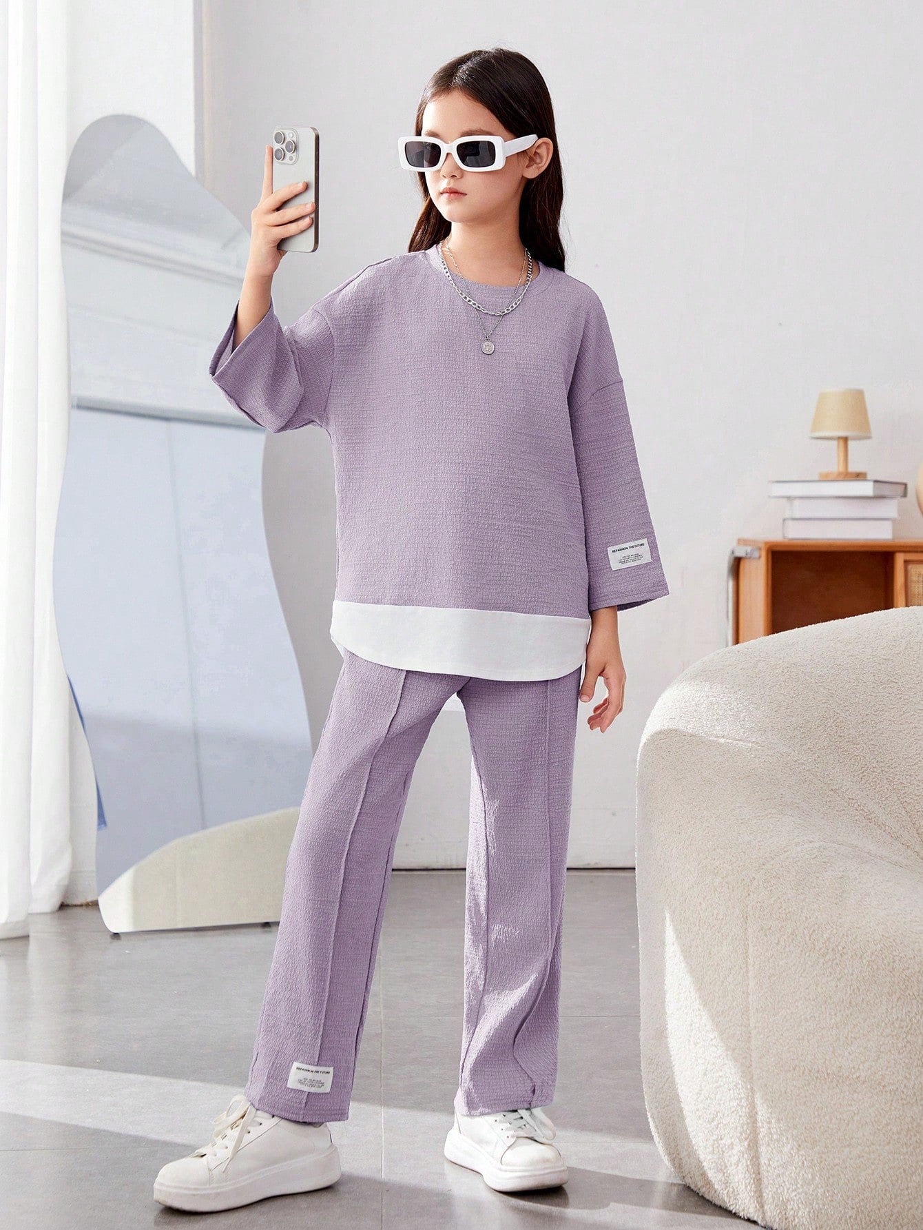 Girls Modern Oversized and Pant Set ( Blue )