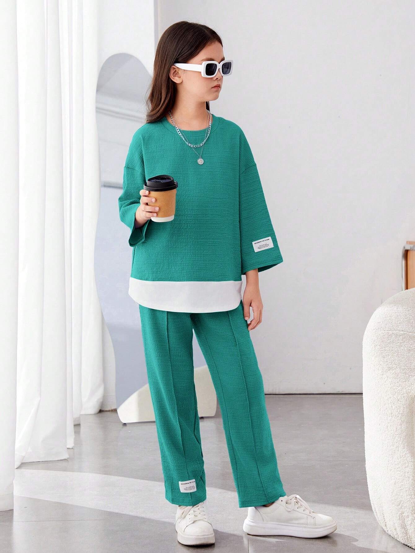 Girls Modern Oversized and Pant Set ( Teal )