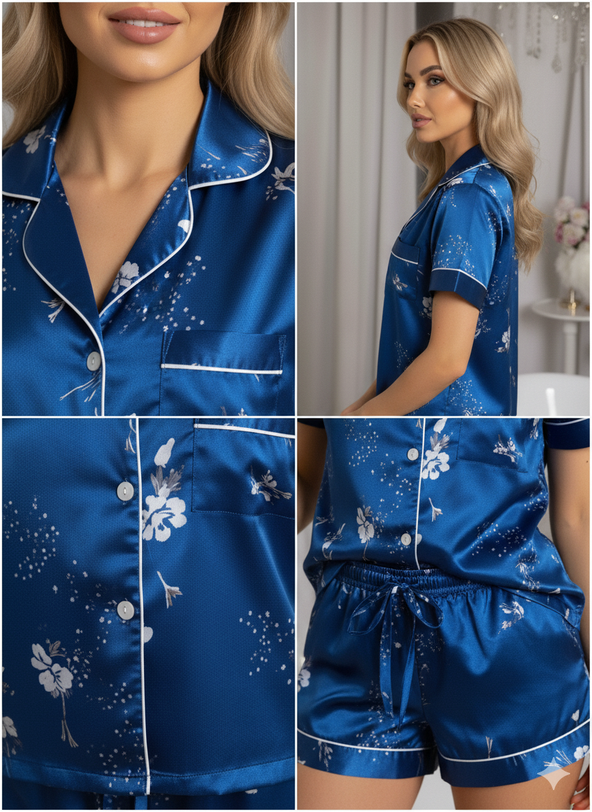 Blue Flower Printed Shorts Set