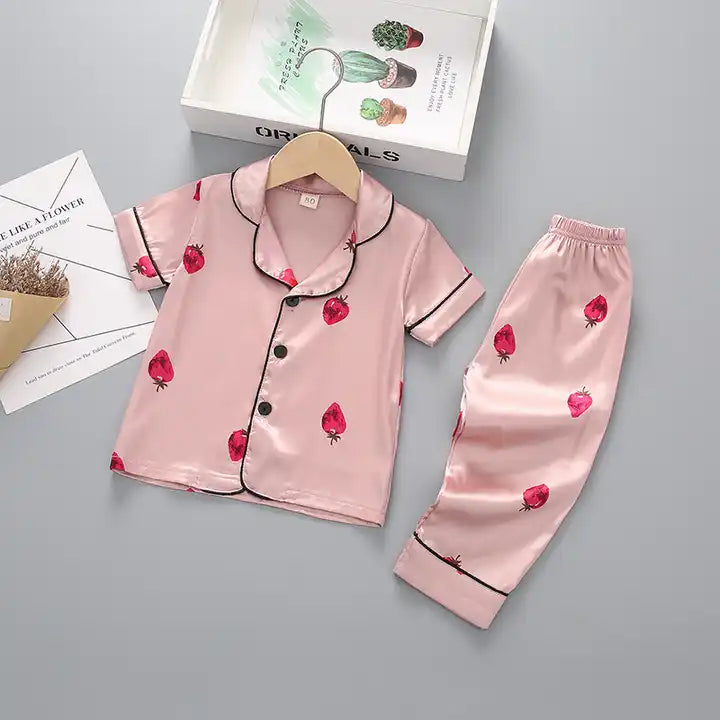 Strawberry Printed Unisex Nightsuit Set For Kids