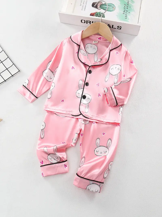 Pink Rabbit Printed Unisex Nightsuit Set For Kids