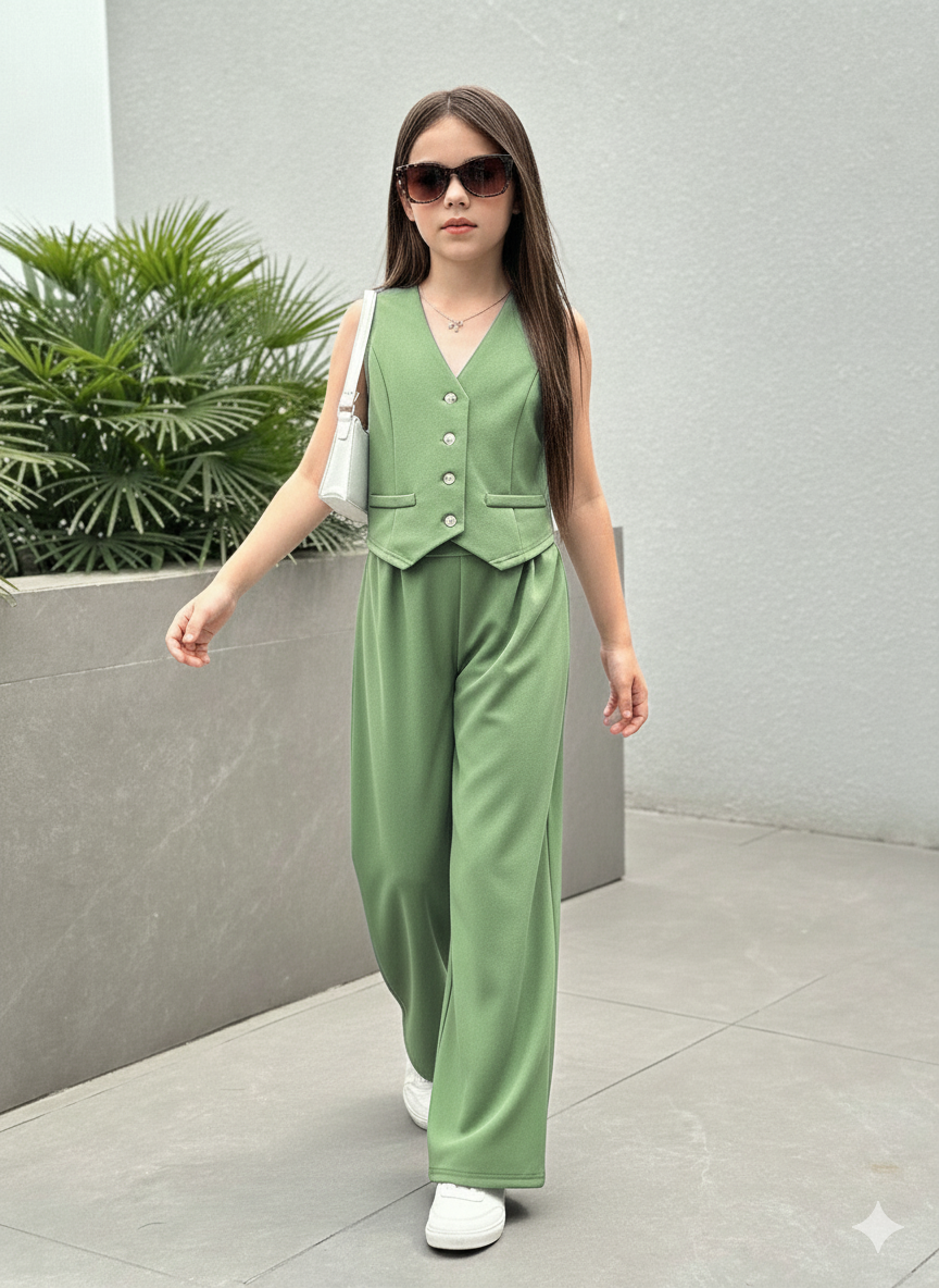 Girls Modern Solid Vest and Wide legs Pant Set ( Green )