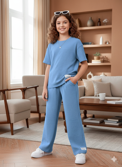 Girls T-shirt and Wide legs Pants Co-ords Set ( Light Blue )