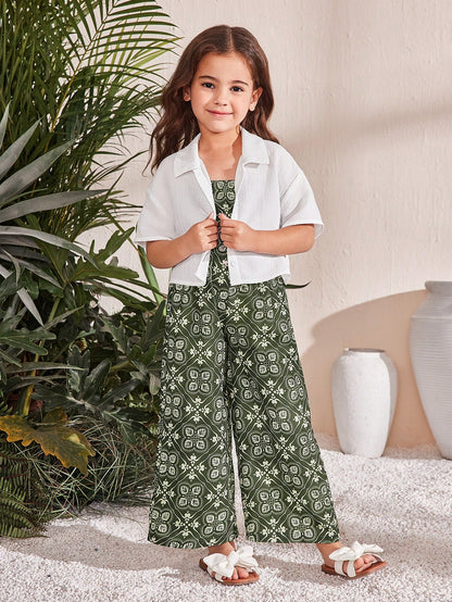 Girls White and Green Printed Clothing Set