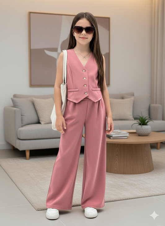 Girls Modern Solid Vest and Wide legs Pant Set ( Pink )