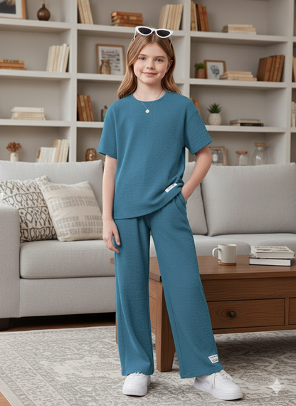 Girls T-shirt and Wide legs Pants Co-ords Set ( Airforce )