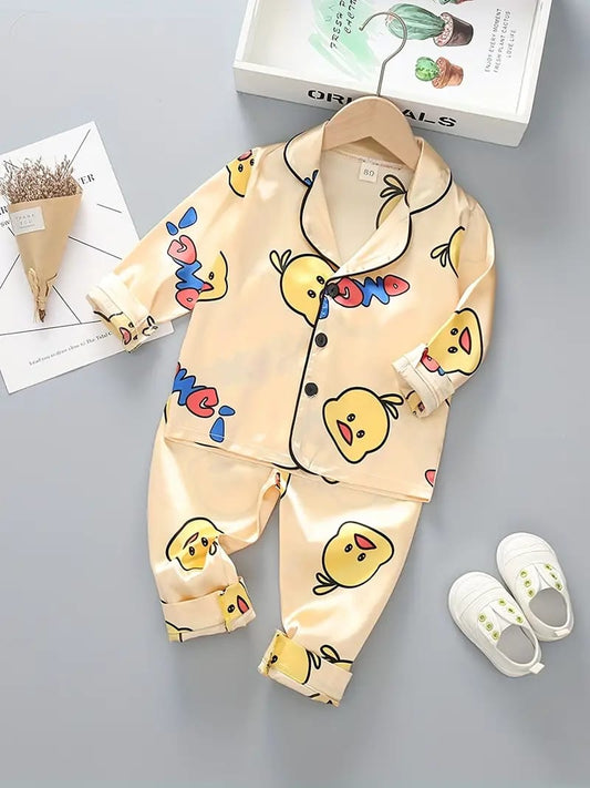 Yellow Duck Printed Unisex Nightsuit Set For Kids