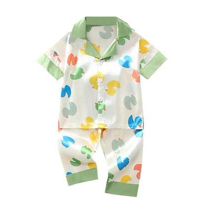 White Duck Printed Collared Unisex Nightsuit Set For Kids