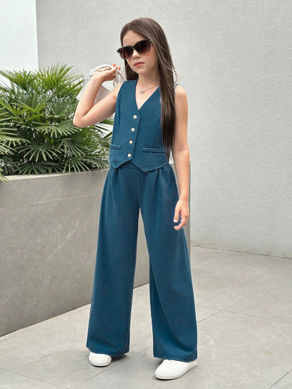 Girls Modern Solid Vest and Wide legs Pant Set ( Navy Blue )
