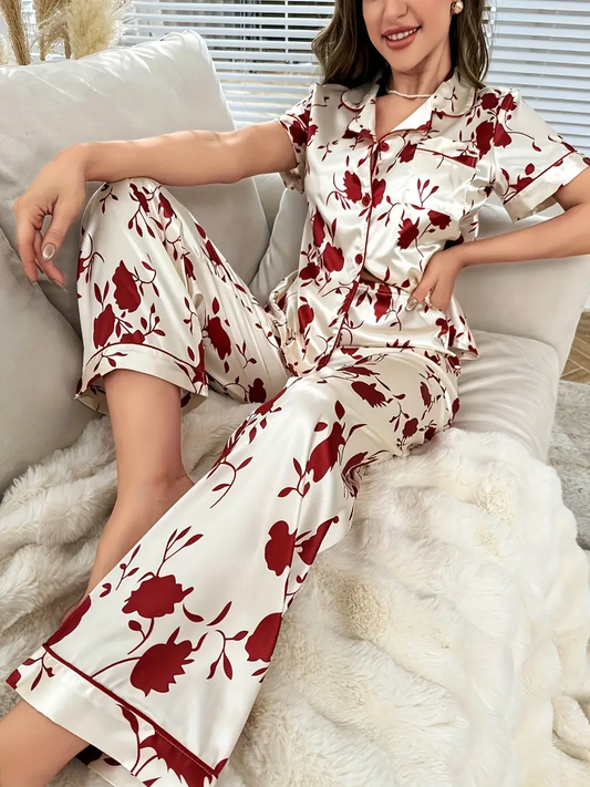 Red Floral Printed Pajama Set