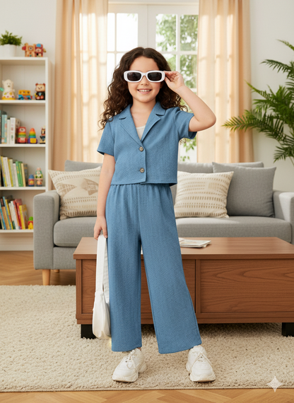 Girls Jacket and Wide legs Pants Co-ords Set ( Light Blue )