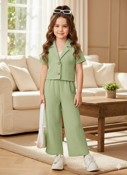Girls Jacket and Wide legs Pants Co-ords Set ( Green )