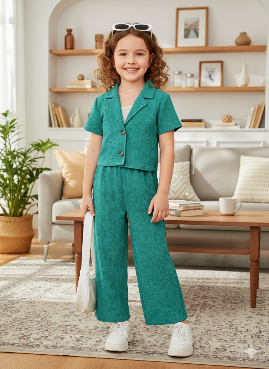 Girls Jacket and Wide legs Pants Co-ords Set ( Dark Green )