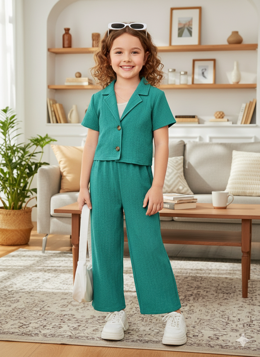 Girls Jacket and Wide legs Pants Co-ords Set ( Dark Green )