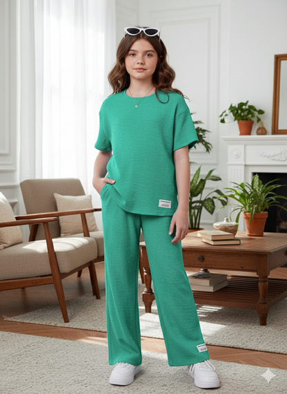Girls T-shirt and Wide legs Pants Co-ords Set ( Dark Green )