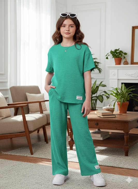 Girls T-shirt and Wide legs Pants Co-ords Set ( Dark Green )