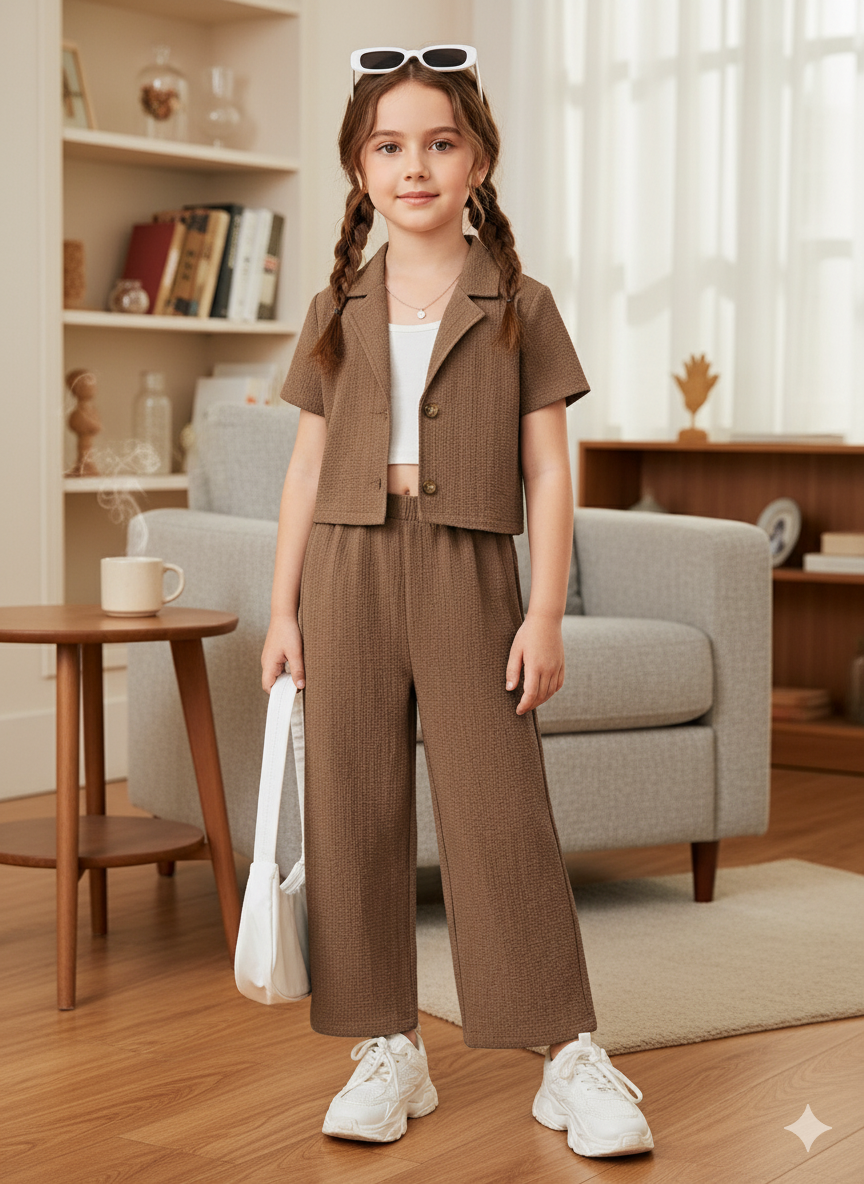 Girls Jacket and Wide legs Pants Co-ords Set ( Brown )